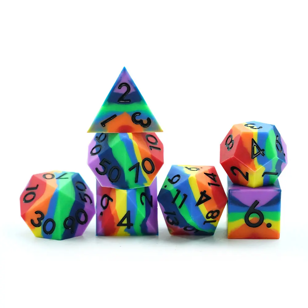 Silicone Dice Set — Rainbow (Black Numbers)