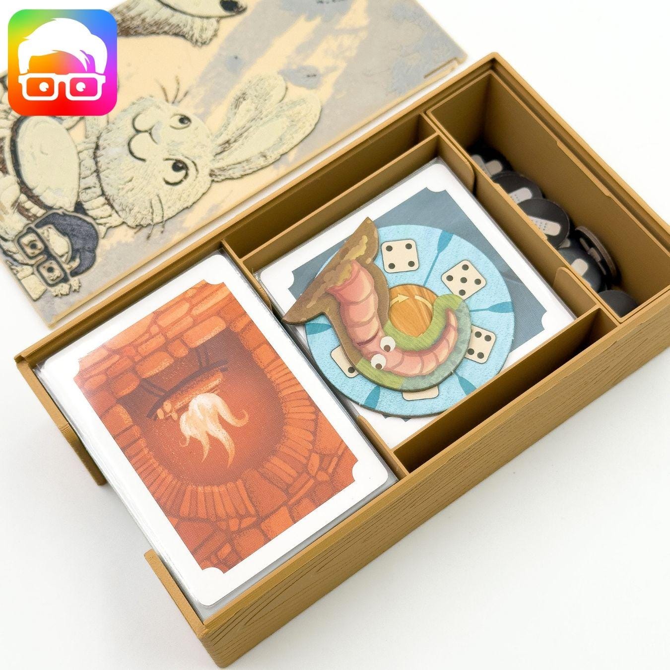 Creature Comforts 3D printed board game insert with decorative art lids