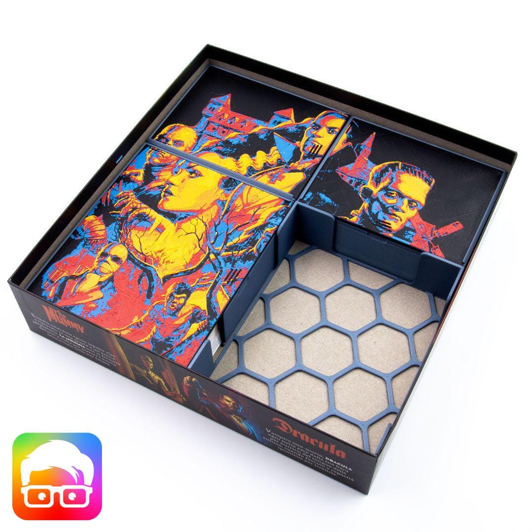 Horrified 3D printed board game insert with decorative art lids