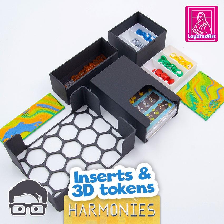 Harmonies 3D printed board game insert with decorative art lids
