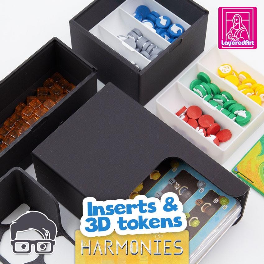 Harmonies board game storage system for upright box storage