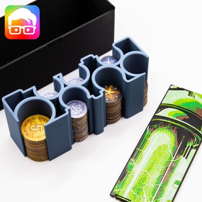 Nucleum 3D printed board game insert with decorative art lids
