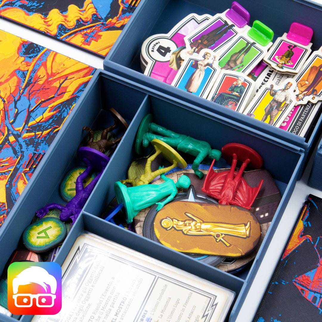 Horrified board game storage system for upright box storage
