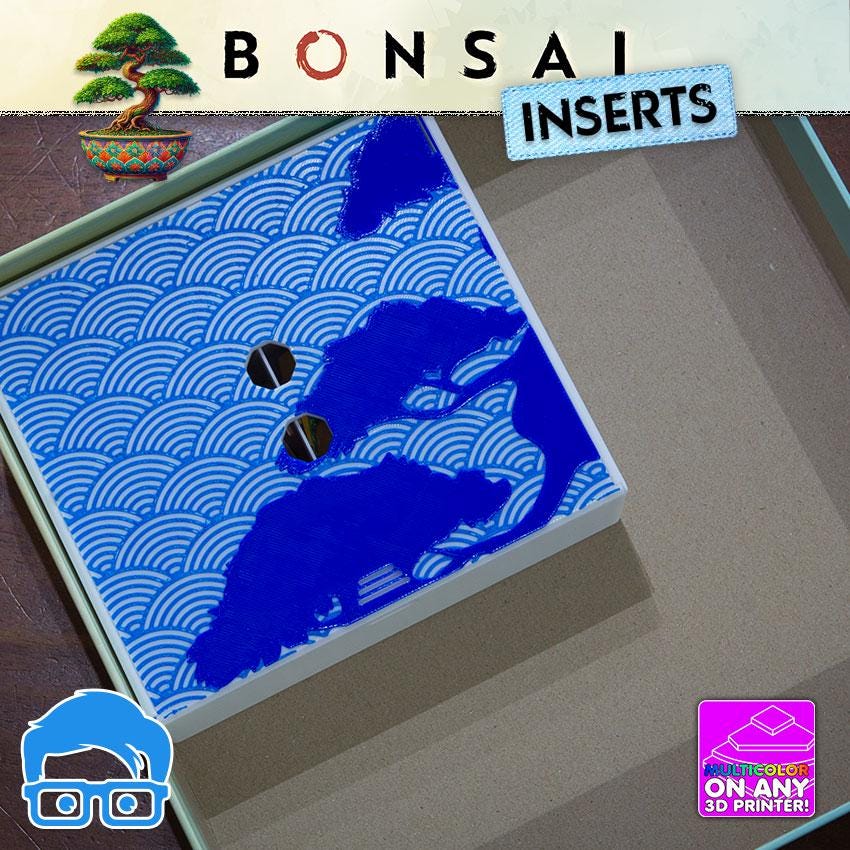 Bonsai 3D printed board game insert with decorative art lids
