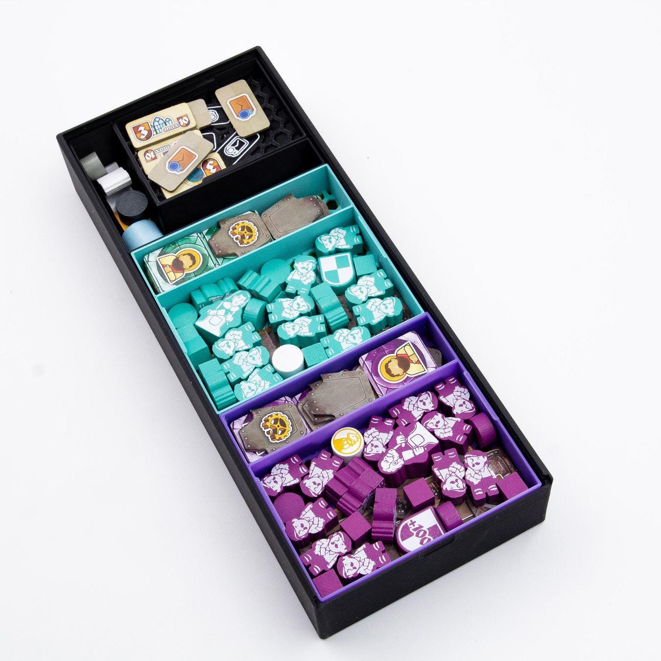 Orloj board game storage upgrade with decorative lids