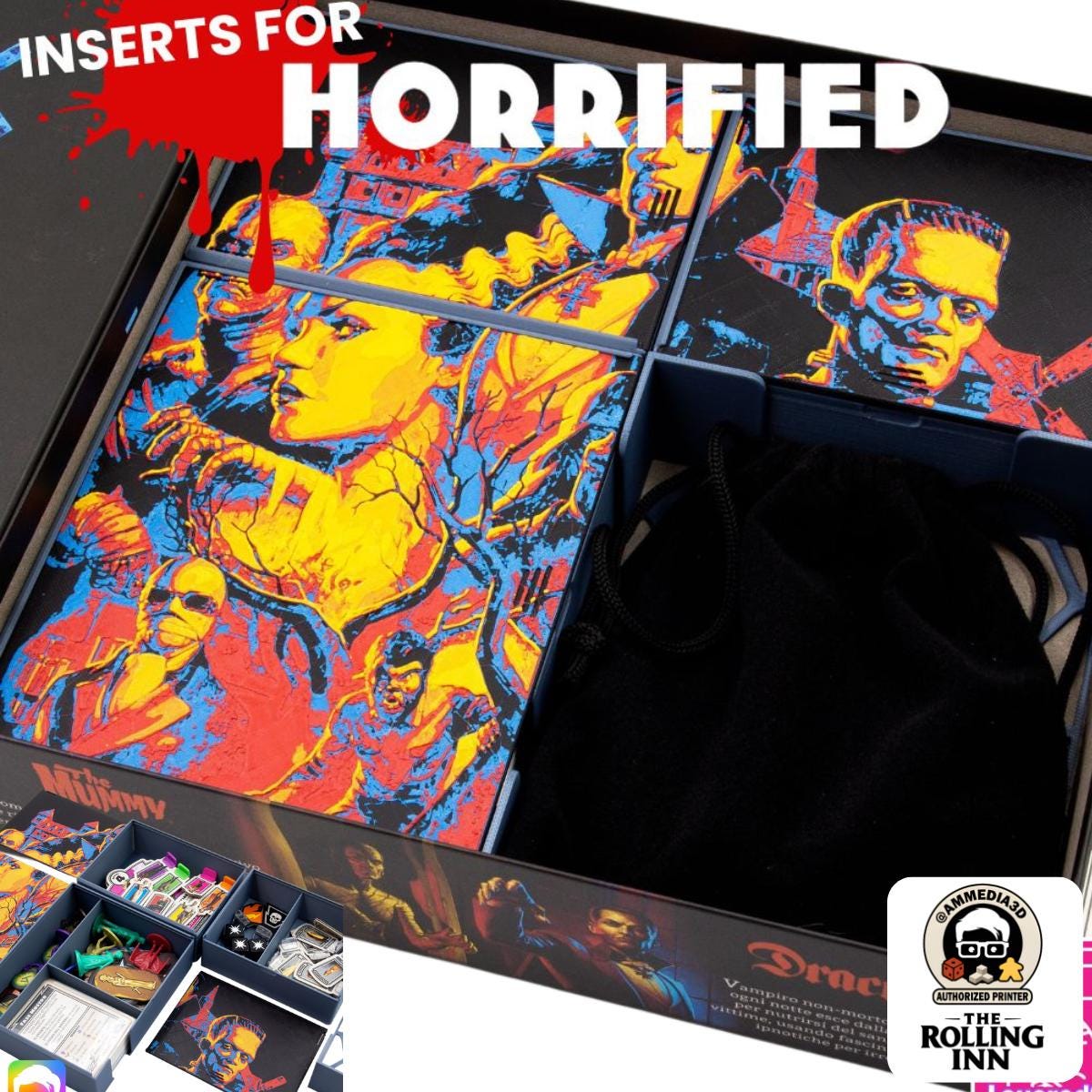 Horrified board game organiser with 3D printed storage trays